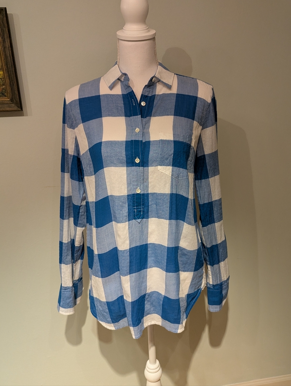 J.Crew Women's 4 Popover Shirt Buffalo Check Plaid Blue White Button Neckline